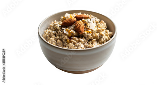 Bowl of oatmeal with almonds. Healthy breakfast porridge isolated on white background.