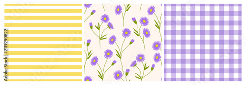 Set of spring seamless patterns with gingham checks, stripes and aster flowers. Soft pastel vector flat backgrounds for fabric, wrapping paper and stationery