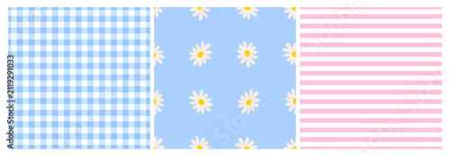 Set of seamless patterns with chamomile flowers, vichy gingham and stripes. Summer vector backgrounds with cute designs