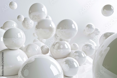Glossy White Spheres Abstract 3D Render with Reflection and Minimalist Composition
