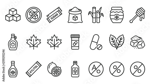 Fotografie Sugar and sweetener food ingredient line icons collection with sweetener