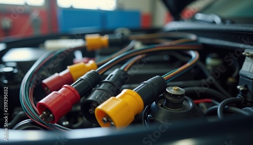 Auto mechanics with multicolored wiring in engine compartment displaying electrical connections, wires intertwined with automotive components highlighting repair and maintenance processes.