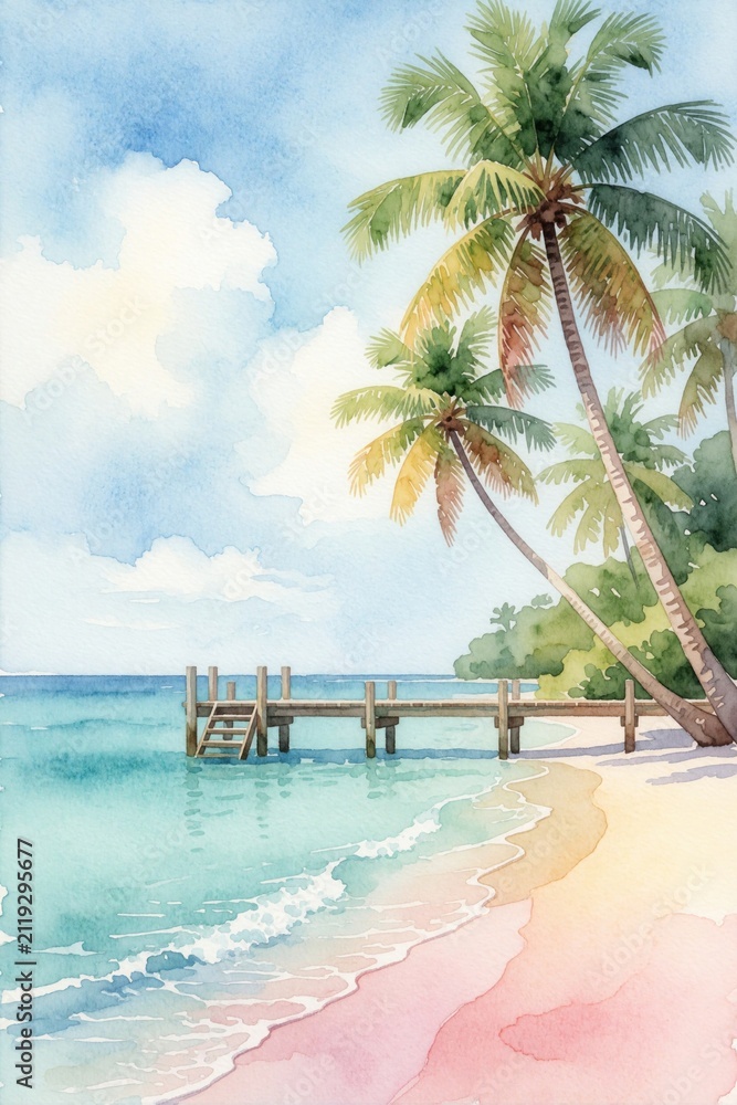 Fototapeta premium Watercolor paints soft pastel beach scene. Palm trees lean over calm aqua ocean water. Wooden pier extends into sea. Gentle waves lap pink sand shore. Sunny day implies relaxation, holiday.
