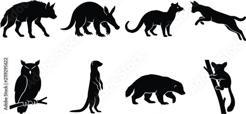 Canvas Print African nocturnal animals vector silhouette set featuring hyena aardvark civet o