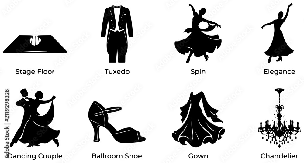 Fototapeta premium Ballroom Dance Icons: Tuxedo, Gown, Dancing Couple, Stage Floor, Elegance, Spin, Ballroom Shoe, Chandelier
