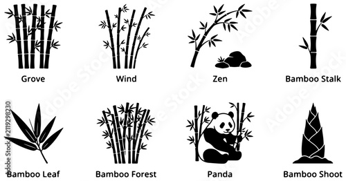 Bild auf Leinwand Bamboo Vector Icons: Grove, Wind, Zen, Stalk, Leaf, Forest, Panda, Shoot, Nature