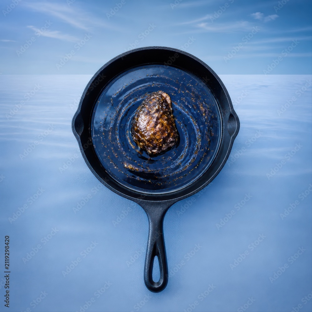Fototapeta premium Cast iron skillet with roasted potato and seasoning on blue background