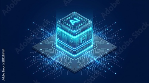 Isometric futuristic processor chip on circuit board