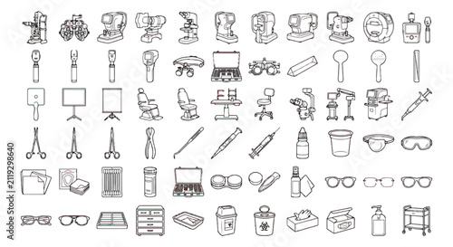 Ophthalmology medical equipment icons set, 60 optometry and eye care vector line illustrations, professional vision health clinic tools