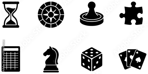 Game Icons Set, Board Game Pieces, Dice, Cards, Hourglass, Chess Knight, Puzzle