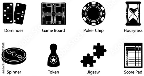 Game Icons Set, Board Game Elements, Casino Chips, Dominoes, Puzzles