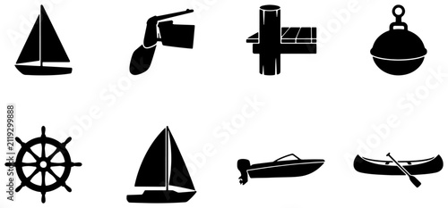 Nautical Icons: Sailboat, Outboard Motor, Buoy, Helm, Dock, Canoe
