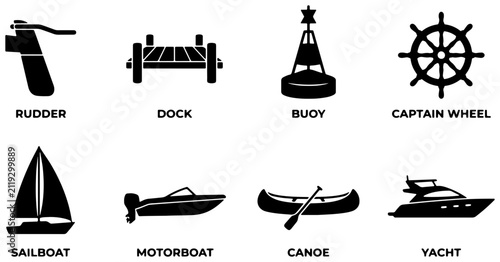 Nautical Icons Set: Rudder, Dock, Buoy, Captain Wheel, Sailboat, Motorboat, Canoe, Yacht