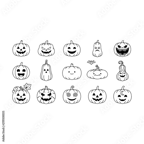 Halloween Pumpkin Faces Outline Vector Icon Set