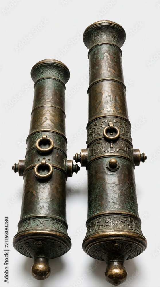 Obraz premium Two antique bronze cannons stand upright on white surface. Historic metal weapons feature ornate patterns, weathered texture. Vintage artillery pieces represent naval technology from past war times.