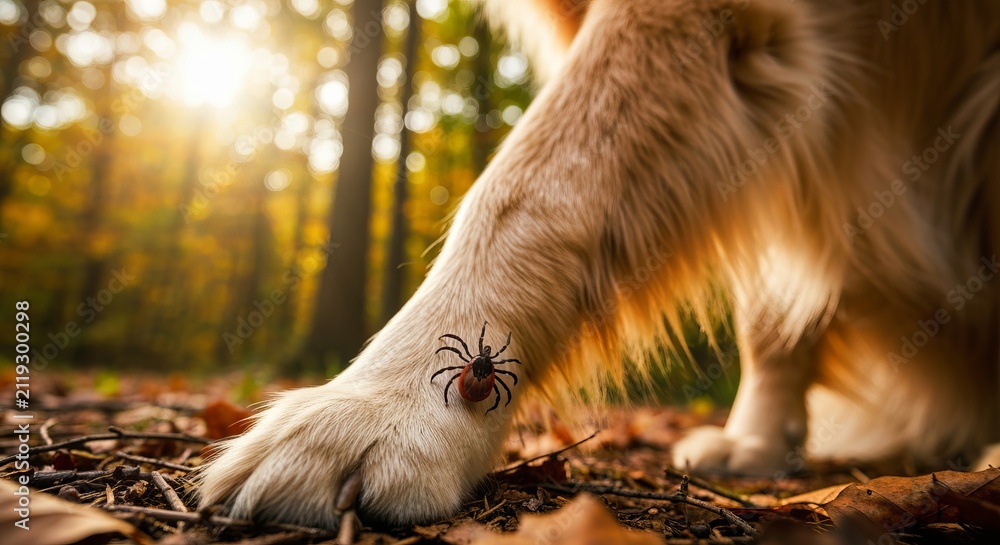 Fototapeta premium A Close Up View of an Adult Dog Paw Wandering Through The Forest Grounds with a Parasitic Tick.