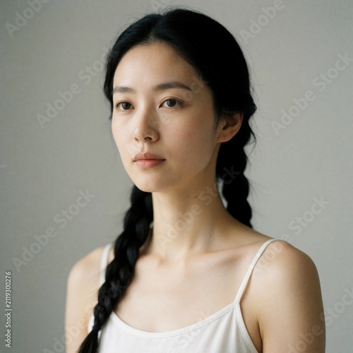 Young Asian woman with natural beauty, braided hair poses in white top. Female model looks away with calm face expression. Studio portrait of clean skin girl features soft lighting neutral