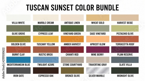 Tuscan sunset color palette swatch chart with hex codes collection inspiration
