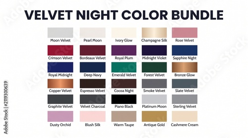 Velvet night color palette swatch chart with hex codes collection inspiration