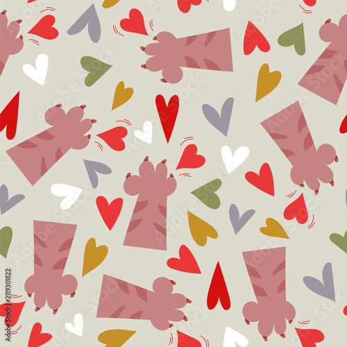 Seamless Cat Paw and Heart Pattern Love Design for International Cat Day