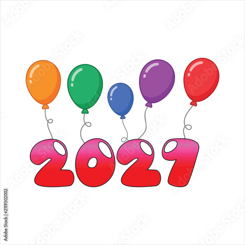 Bubbly red 2021 numbers with colorful balloons during celebration isolated on white background