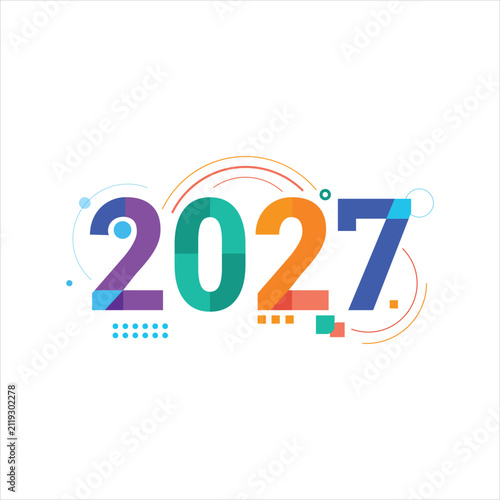 Colorful geometric year 2027 typography with abstract shapes and lines isolated on white background