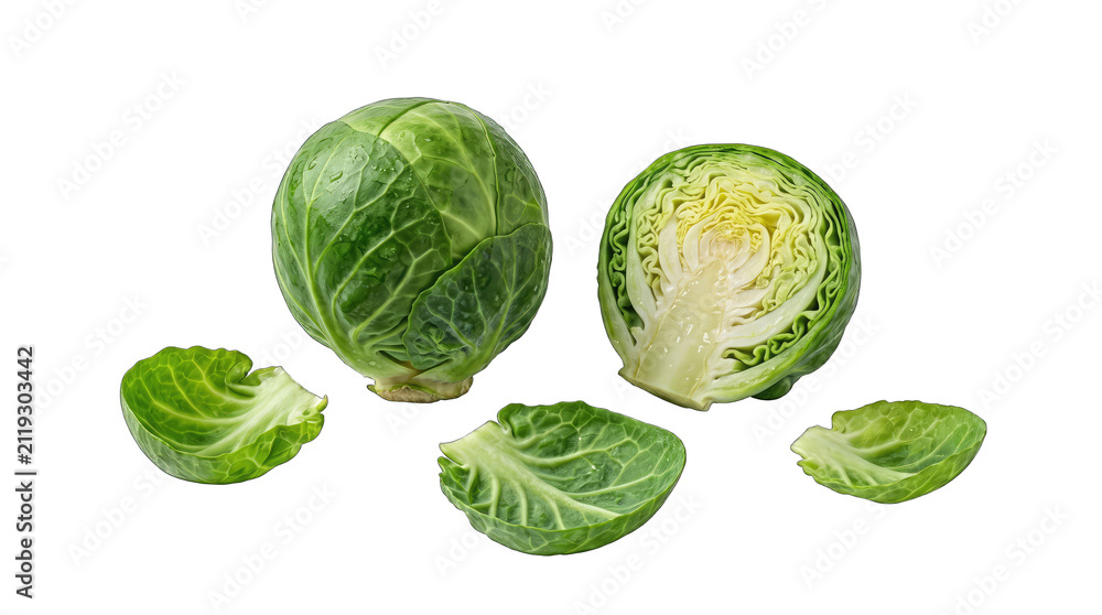 Fototapeta premium Fresh whole and halved brussels sprouts with loose leaves isolated on transparent background