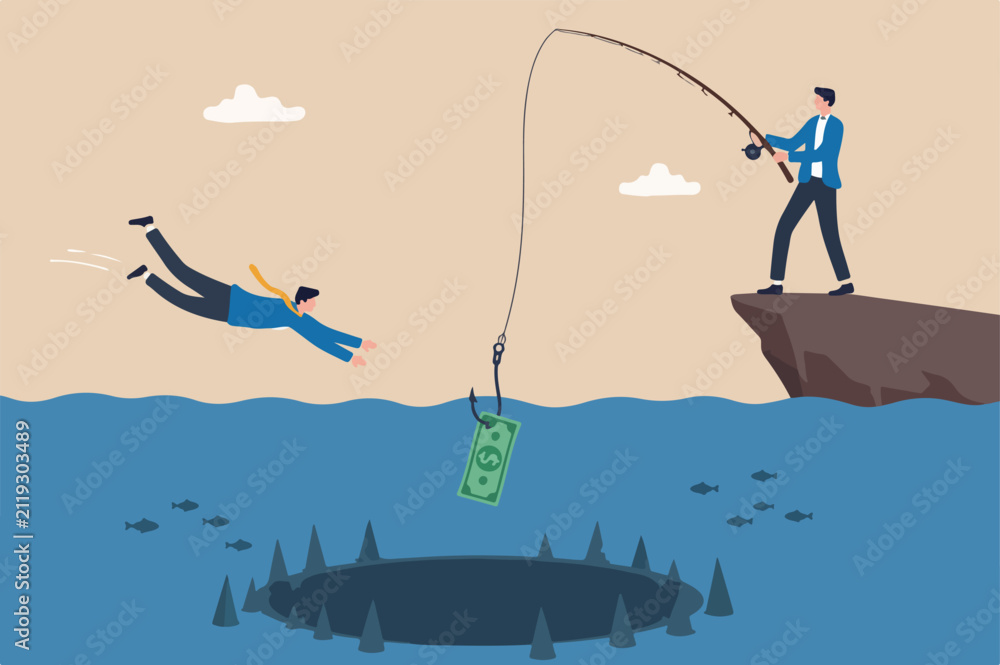 Fototapeta premium Investment risk or money trap, business fraud and cheating or financial pitfall and mistake concept, businessman diving business ocean takes a bait to the hook fishing with money dollar banknote