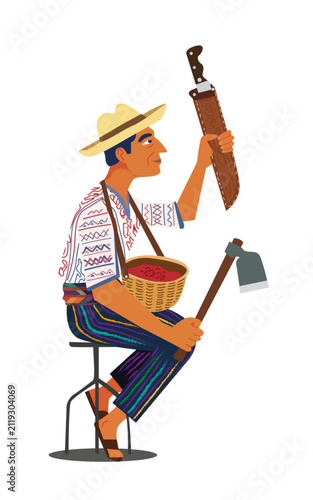 Guatemalan coffee farmer in traditional clothing holding machete and axe – Flat vector illustration