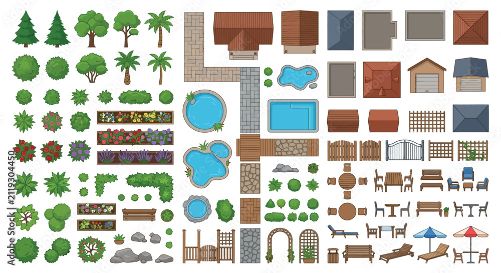 Fototapeta premium Landscape elements vector illustration with trees buildings and water features