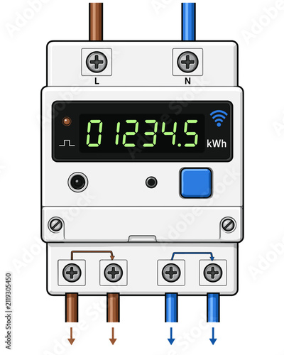 Smart electricity meter vector icon. Linear electrical switchboard smart meter with LCD digital screen and wireless data transfer symbol.