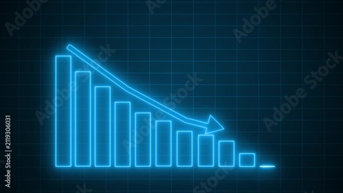 Neon-style bar chart showing descending bars with downward arrow animation