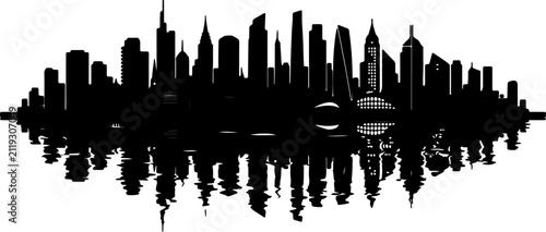 Obraz na płótnie Detailed silhouette of a sprawling metropolis skyline reflecting over calm water