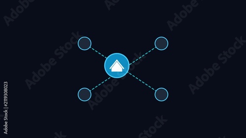 Centralized smart home network hub animation with connected nodes and data flow lines 4k automation connectivity