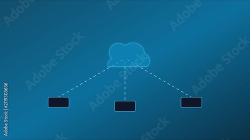 Cloud computing network architecture diagram with data connection nodes and server sync animation 4k