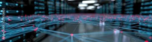 Digital representation of network connections in a data center environment. High fidelity digital art. Suitable for technology presentations, IT infrastructure visuals, and educational materials.