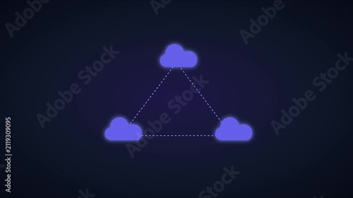 Cloud computing network connection concept with glowing triangle nodes and data syncing technology animation 4k