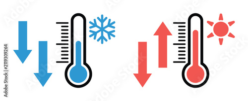 Thermometer temperature with up and down, hot and cold temperature icon for weather forecast, climate monitoring, seasonal conditions, user interface and dashboard design.