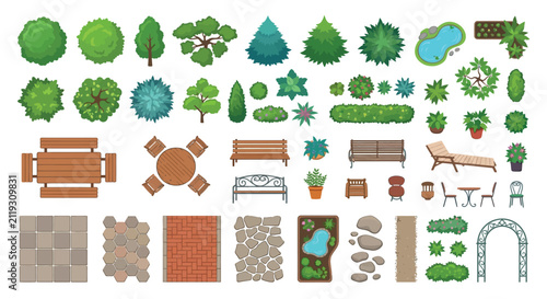 Garden Elements Vector Illustration With Trees Furniture And Stone Arrangements