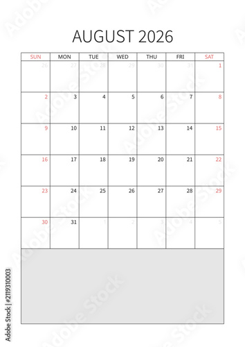 August 2026 English Corporate Monthly Calendar Grid Minimalist Office Organizer Page