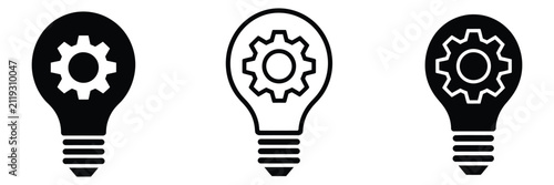 Three black and white light bulb icons with gear inside for business and technology concepts, representing ideas and innovation, creative problem solving, engineering solutions, startup growth 