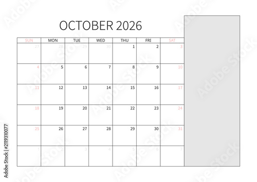 October 2026 English Professional Monthly Calendar Template Minimalist Corporate Planner Grid