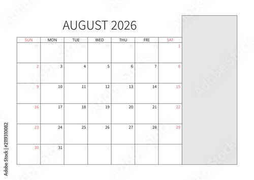 August 2026 English Professional Monthly Calendar Template Minimalist Corporate Planner Grid