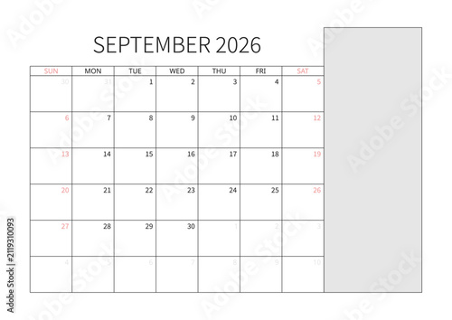 September 2026 English Professional Monthly Calendar Template Minimalist Corporate Planner Grid