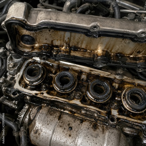 Close-up of dirty engine valve cover with oil residue