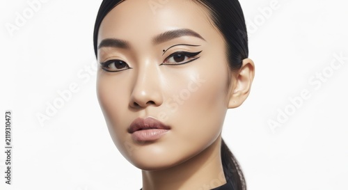asian woman with graphic double winged eyeliner, avant garde makeup portrait