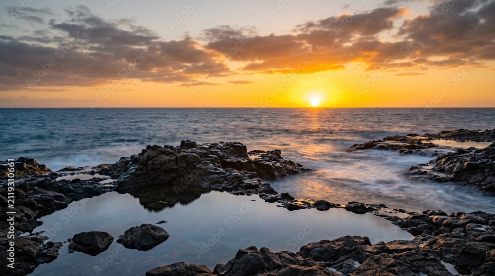 Obraz premium Coastal sunset over rocky shore. Long exposure ocean waves at golden hour.
