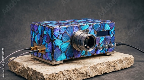 Futuristic Spectrometer Device Encased in Iridescent Blue Butterfly Wings