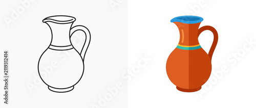Set of outline and colorful flat vector illustration of pitcher
