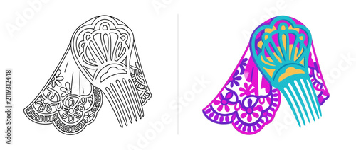 Spanish Traditional Hair Comb and Lace Veil Illustration